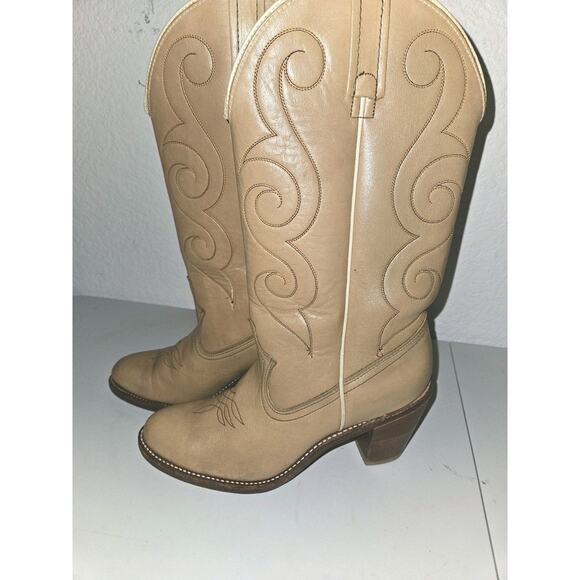 Vintage ACME Boots Pull On Heeled Tan Leather Women's 7.5 Medium - Picture 12 of 12